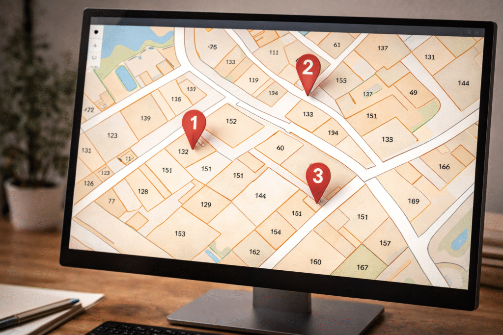 echerche de références cadastrales sur ordinateur pour état hypothécaire.