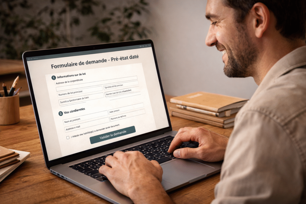 Homme souriant utilisant son ordinateur pour commander un pré-état daté en ligne sur Documents-Immobiliers.fr.