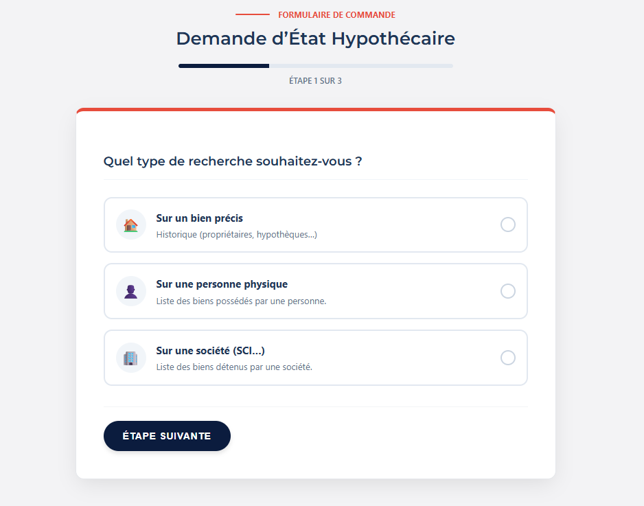 Formulaire présentant les 3 types de demandes de renseignements hypothécaires : immeuble, personne physique et personne morale via le Cerfa 11194.