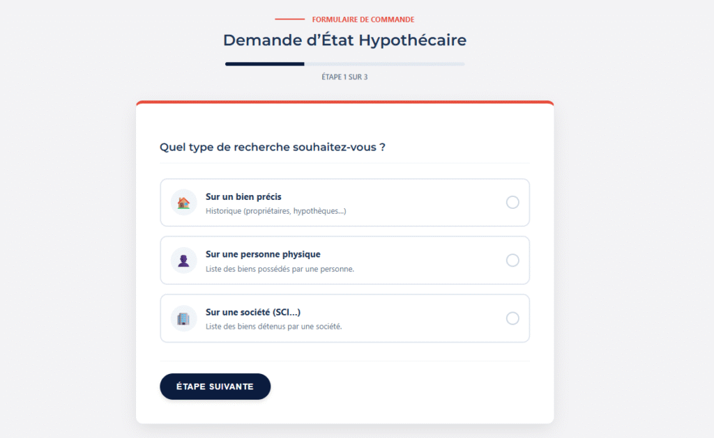 Écran d'ordinateur affichant le formulaire de commande simplifiée d'un état hypothécaire.