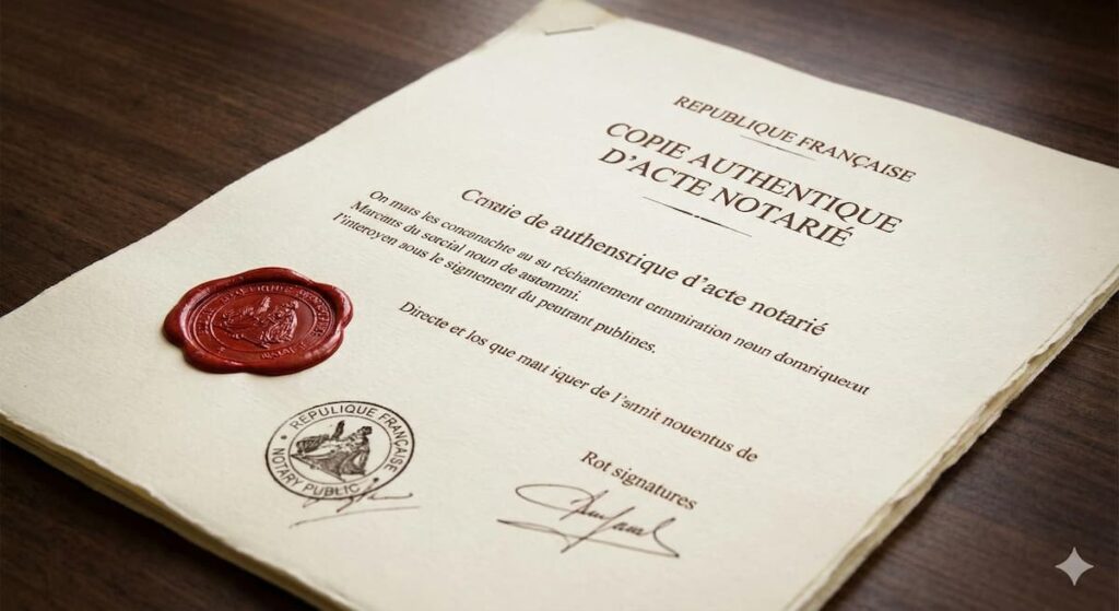 Exemplaire de copie authentique d'acte notarié délivrée par le Service de la Publicité Foncière avec tampon officiel.