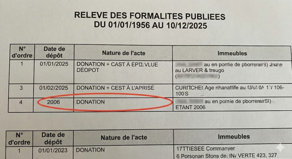 Exemple anonymisé d'un document officiel état hypothécaire montrant une inscription dans le relevé des formalités.