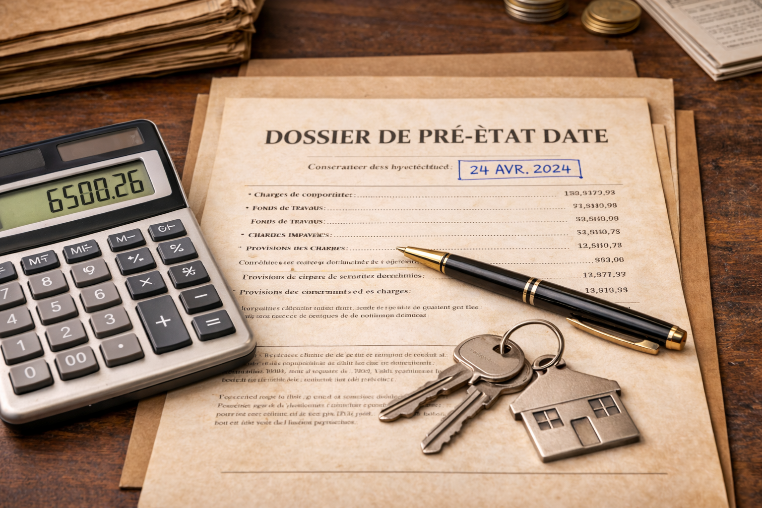 Dossier de pré-état daté avec une calculette et des clés d'appartement sur une table.