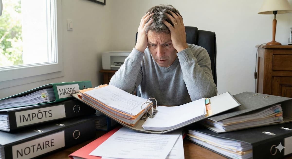 Propriétaire inquiet cherchant son titre de propriété perdu dans une pile de dossiers administratifs.