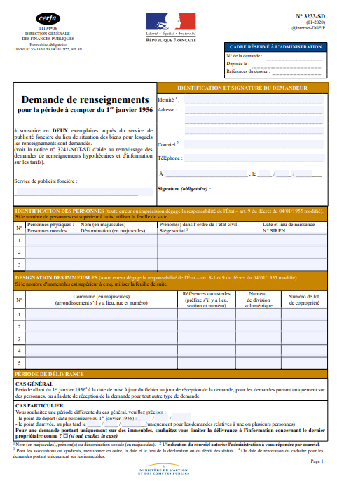 Vue rapprochée du formulaire Cerfa 11194 (3233-SD) pour une demande de renseignements hypothécaires officielle.