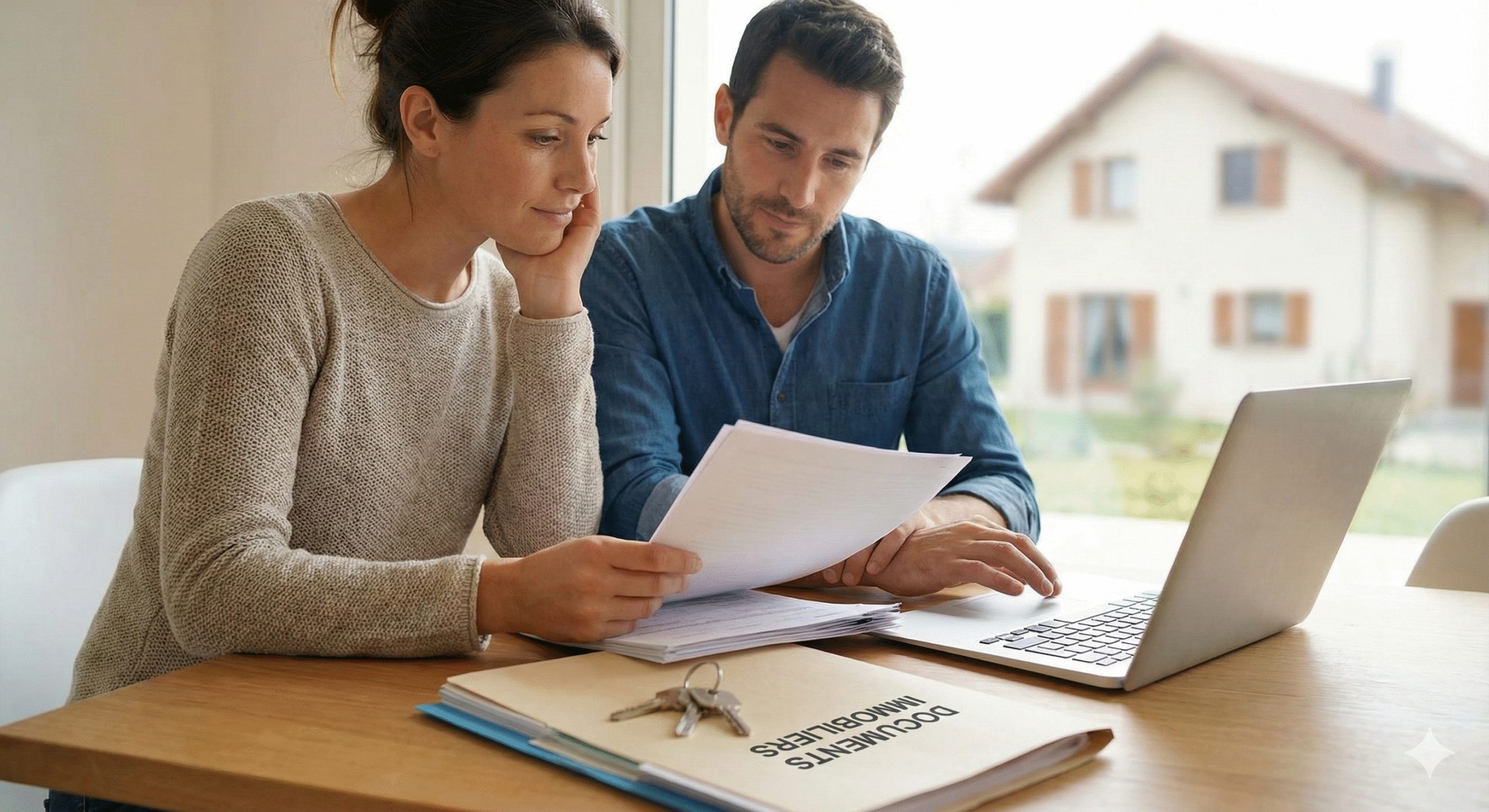 Couple consultant des documents immobiliers pour vérifier si une maison est hypothéquée avant achat.