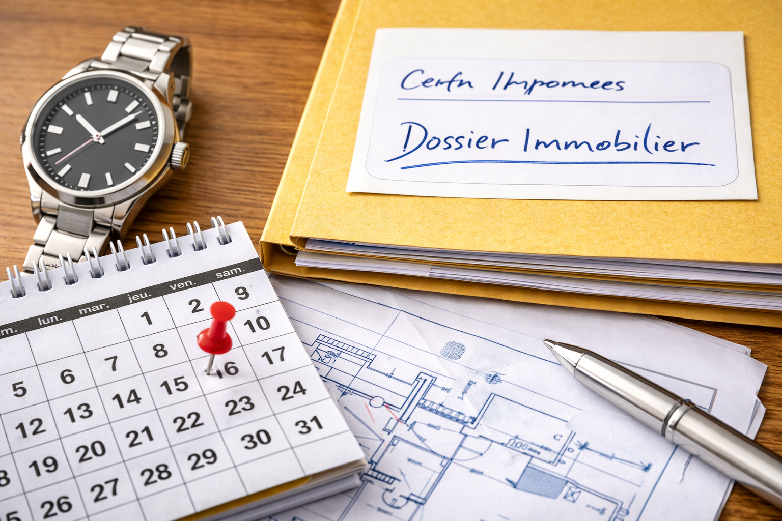 Calendrier et montre posés à côté d'un dossier immobilier, symbolisant le temps d'attente pour un état hypothécaire.