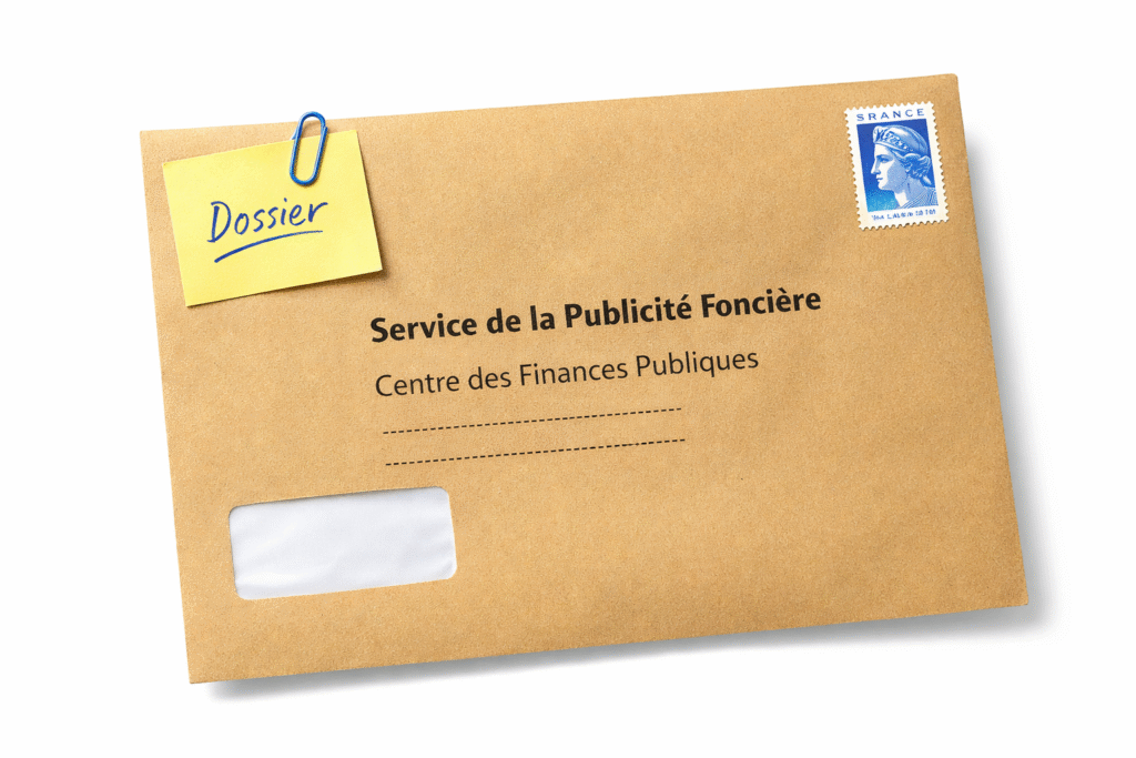 Une enveloppe prête à être envoyée au Service de la Publicité Foncière.