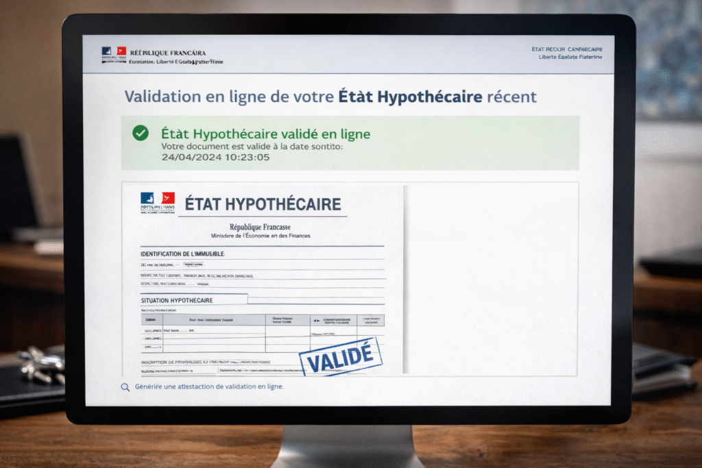 Écran d'ordinateur affichant la validation en ligne d'un état hypothécaire récent.