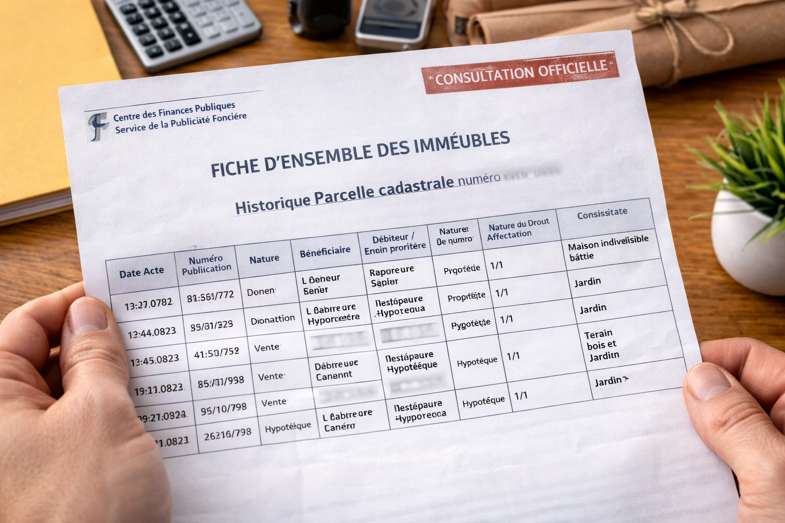 Consultation d'une fiche d'immeuble officielle détaillant l'historique d'une parcelle cadastrale.