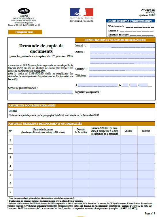 Formulaire 3236-SD (Cerfa 11187) : Obtenir une copie d’acte officiel