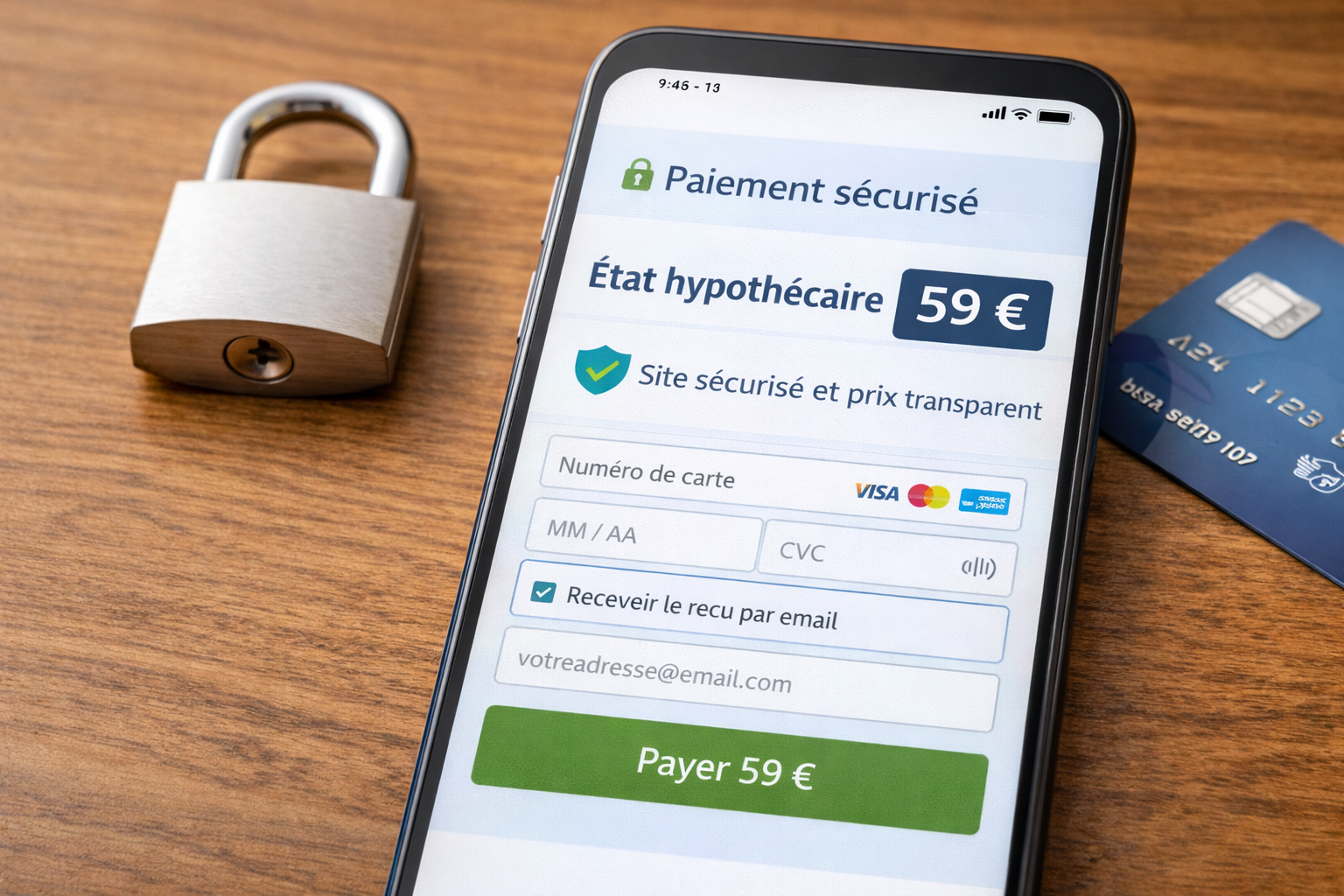 Paiement sécurisé en ligne pour un état hypothécaire avec affichage du prix transparent.