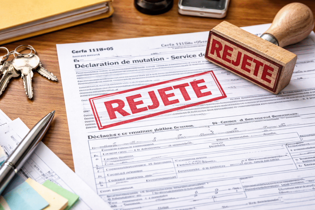 Tampon "Rejeté" sur un dossier administratif, illustrant l'échec d'une procédure SPF.