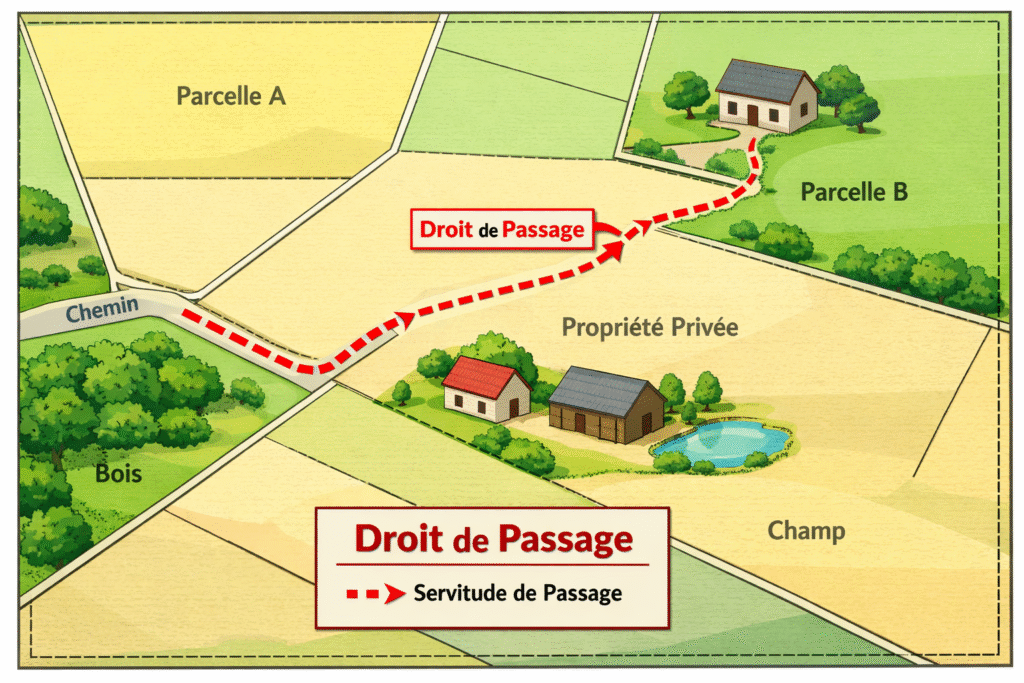 Illustration d'un droit de passage sur un terrain privé matérialisé sur un plan cadastral.