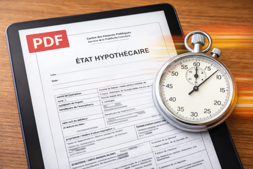 Tablette affichant un état hypothécaire PDF avec un chronomètre symbolisant la rapidité.