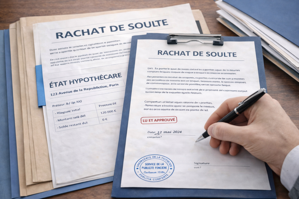 Signature d'un accord de rachat de soulte avec des documents officiels validés.