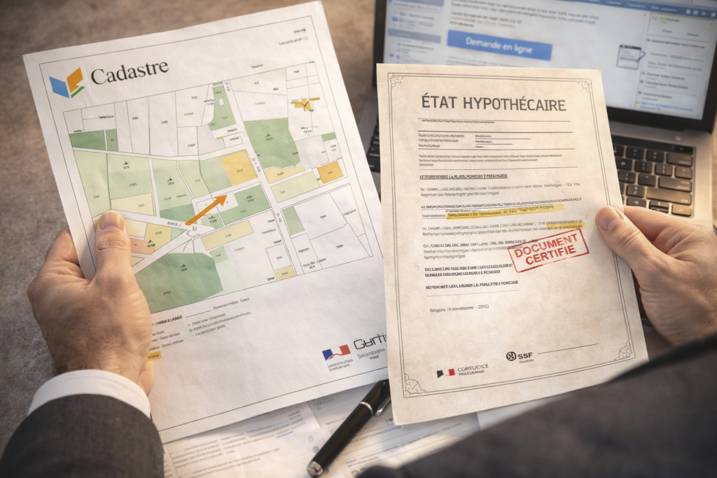 Expert consultant un dossier complet comprenant plan cadastral et état hypothécaire.