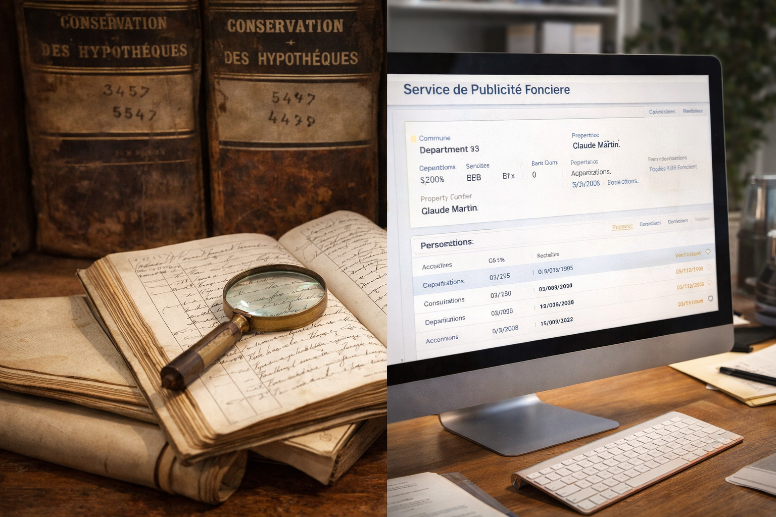 Transition entre les archives de l'ancienne Conservation des hypothèques et le Service de la Publicité Foncière moderne.