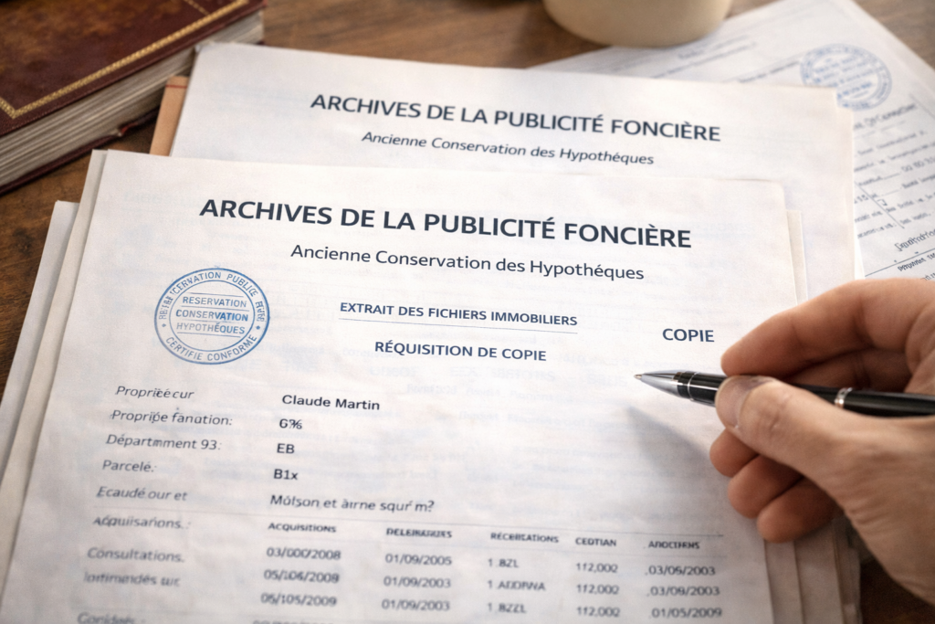 Consultation des archives de la publicité foncière pour une recherche de propriété.
