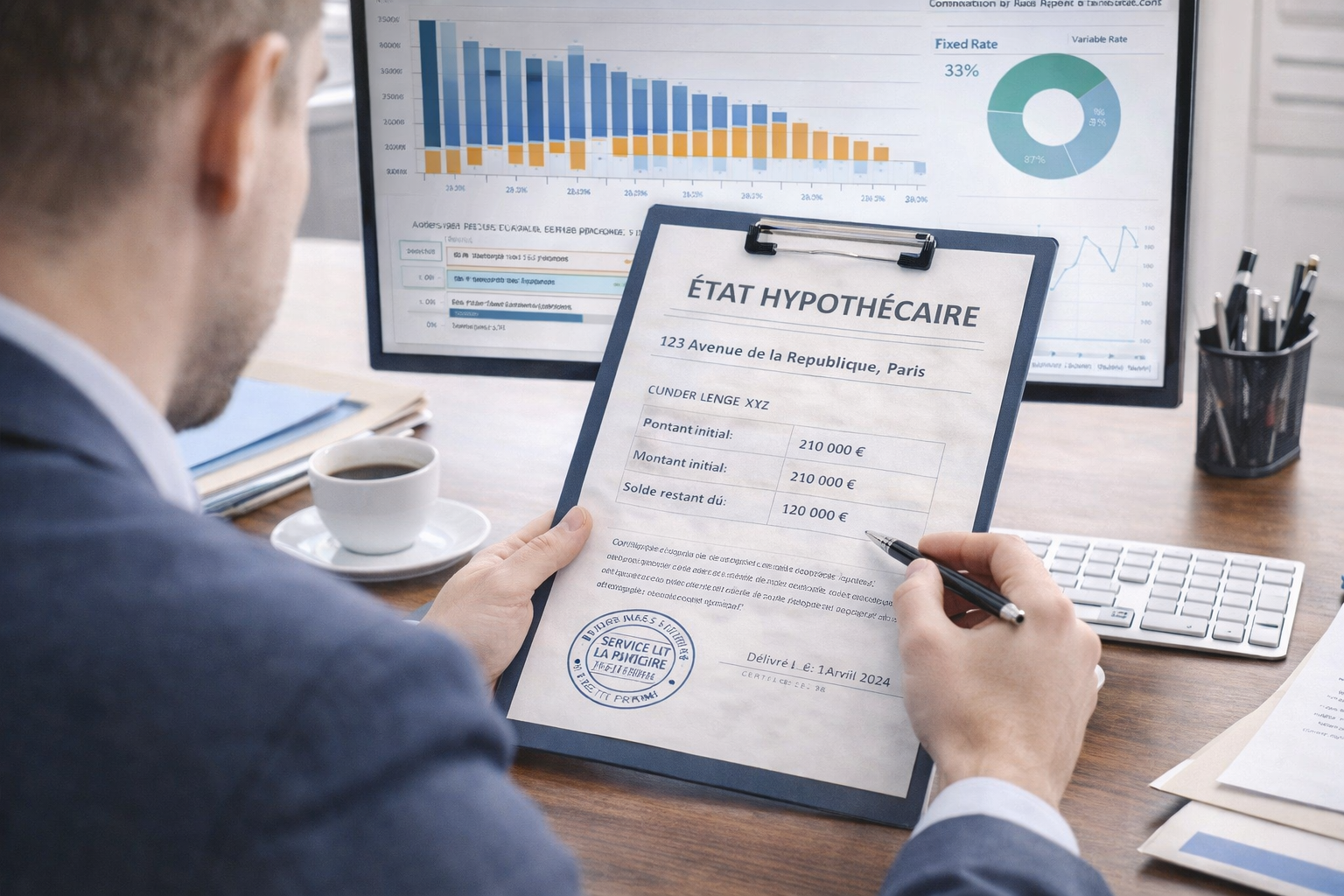 Conseiller bancaire analysant un état hypothécaire pour valider un rachat de crédit immobilier.