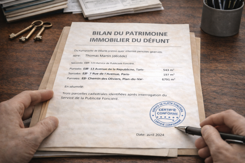 Bilan complet du patrimoine immobilier d'un défunt après interrogation du SPF.