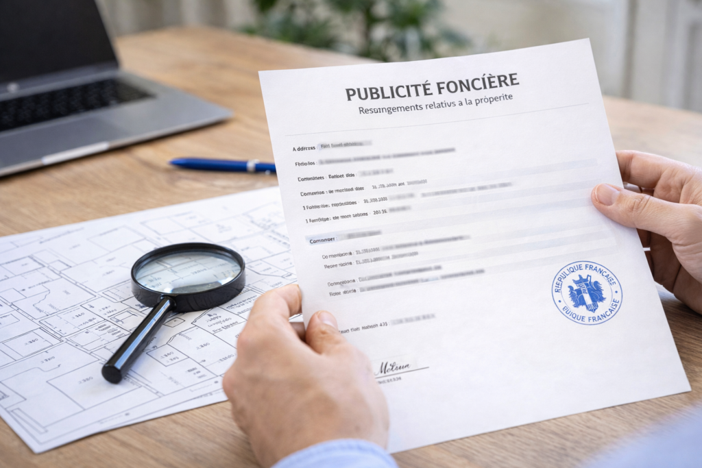 Personne consultant un document officiel de publicité foncière concernant une propriété tierce.