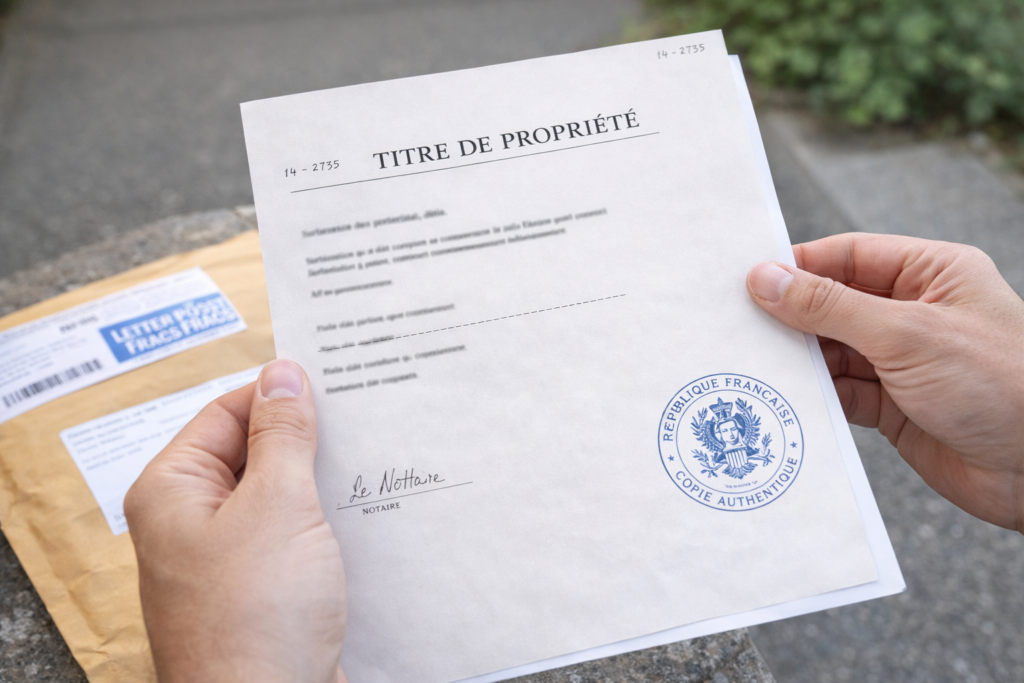 Réception d'une copie authentique de titre de propriété par courrier sécurisé.