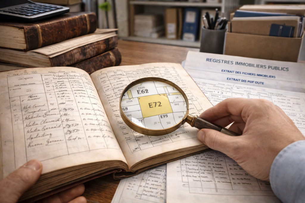Personne consultant des registres immobiliers publics pour vérifier la propriété d'un bien tiers.