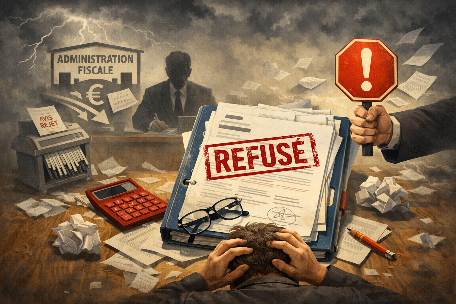 Dossier administratif avec un tampon rouge "Rejeté" illustrant une erreur sur une demande SPF.