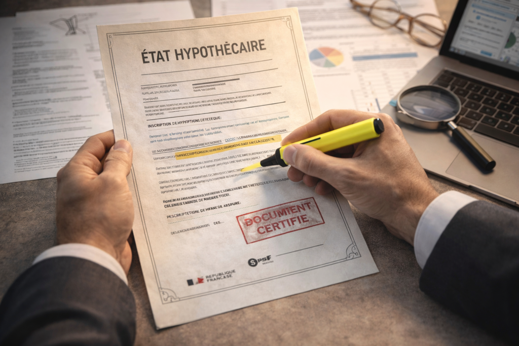Expert analysant un état hypothécaire certifié pour un client.
