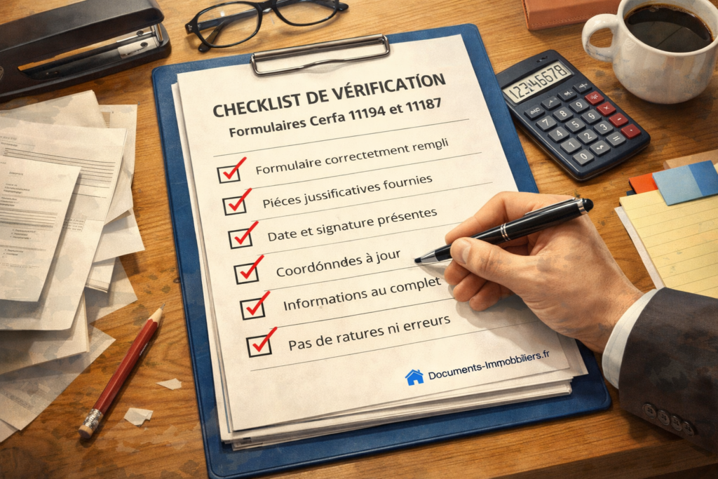 Checklist de vérification pour les formulaires Cerfa 11194 et 11187.