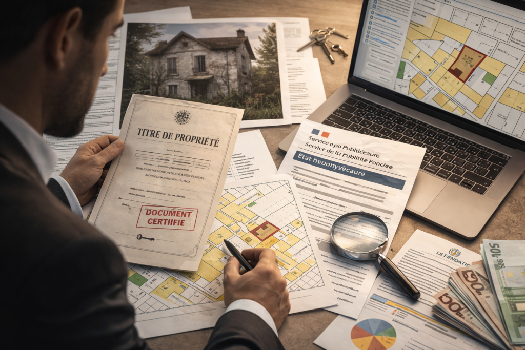 Investisseur analysant une situation de patrimoine pour un rachat de maison abandonnée.