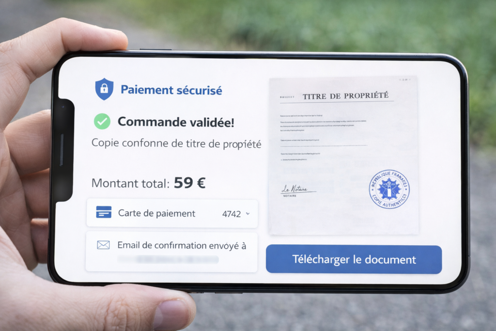 Interface de paiement sécurisé pour obtenir une copie conforme de titre de propriété.