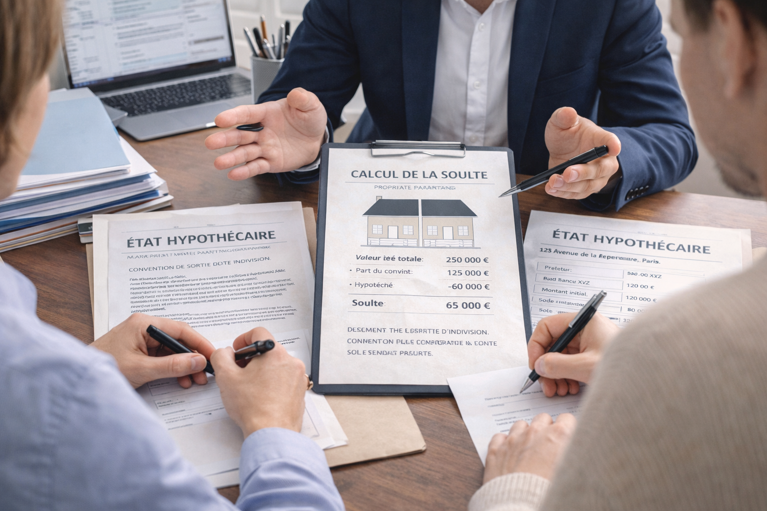 Notaire expliquant le calcul d'une soulte lors d'un divorce avec un état hypothécaire sur le bureau.
