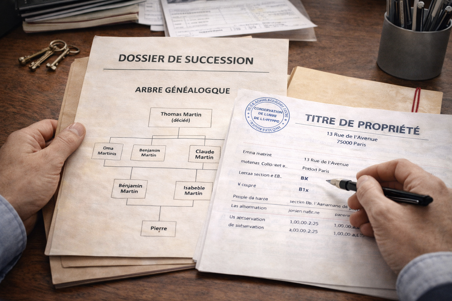 Héritier consultant des documents officiels pour identifier le patrimoine immobilier d'un parent défunt.