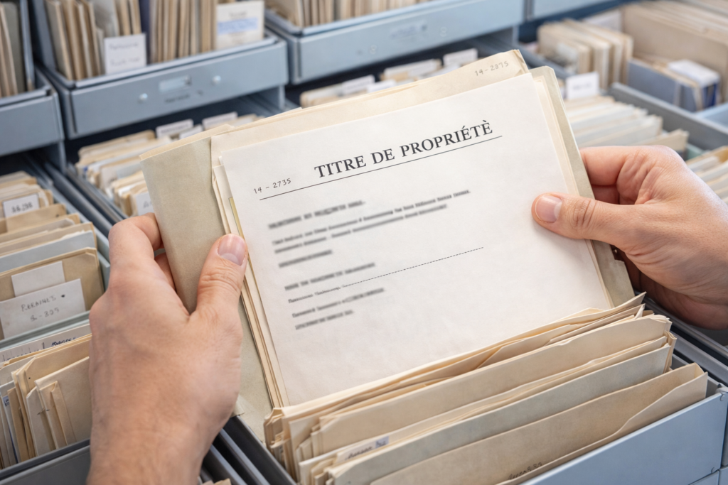 Recherche dans les archives foncières pour retrouver un titre de propriété perdu.