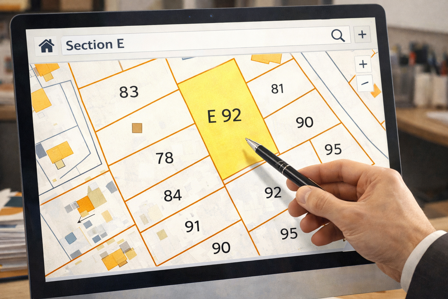 Consultation d'un plan cadastral en ligne pour identifier une section et un numéro de parcelle.